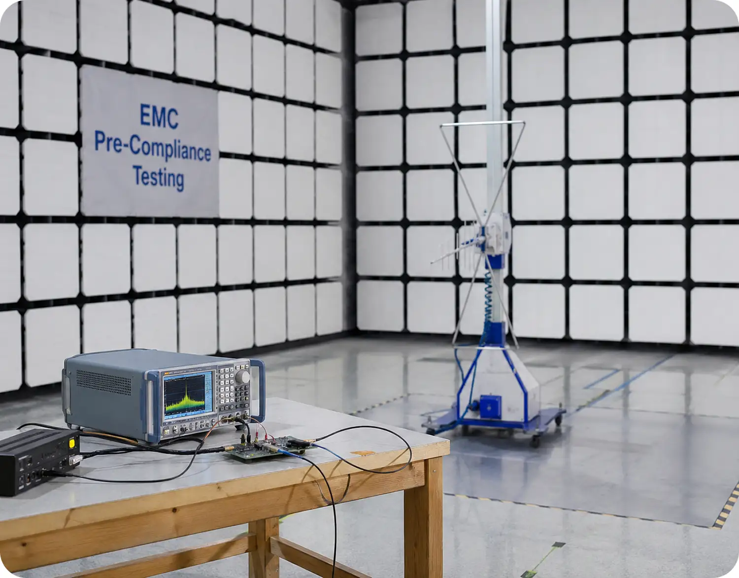 EMC pre-compliance testing with biconical antenna in a shielded test chamber