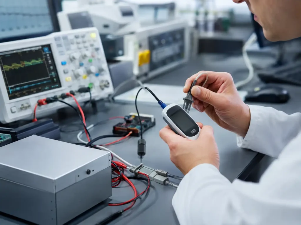 Engineer performing EMC testing on medical electronic equipment