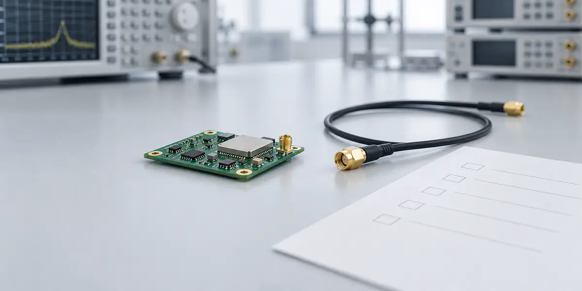 Radio circuit board, coaxial cable and preparation checklist on a laboratory desk